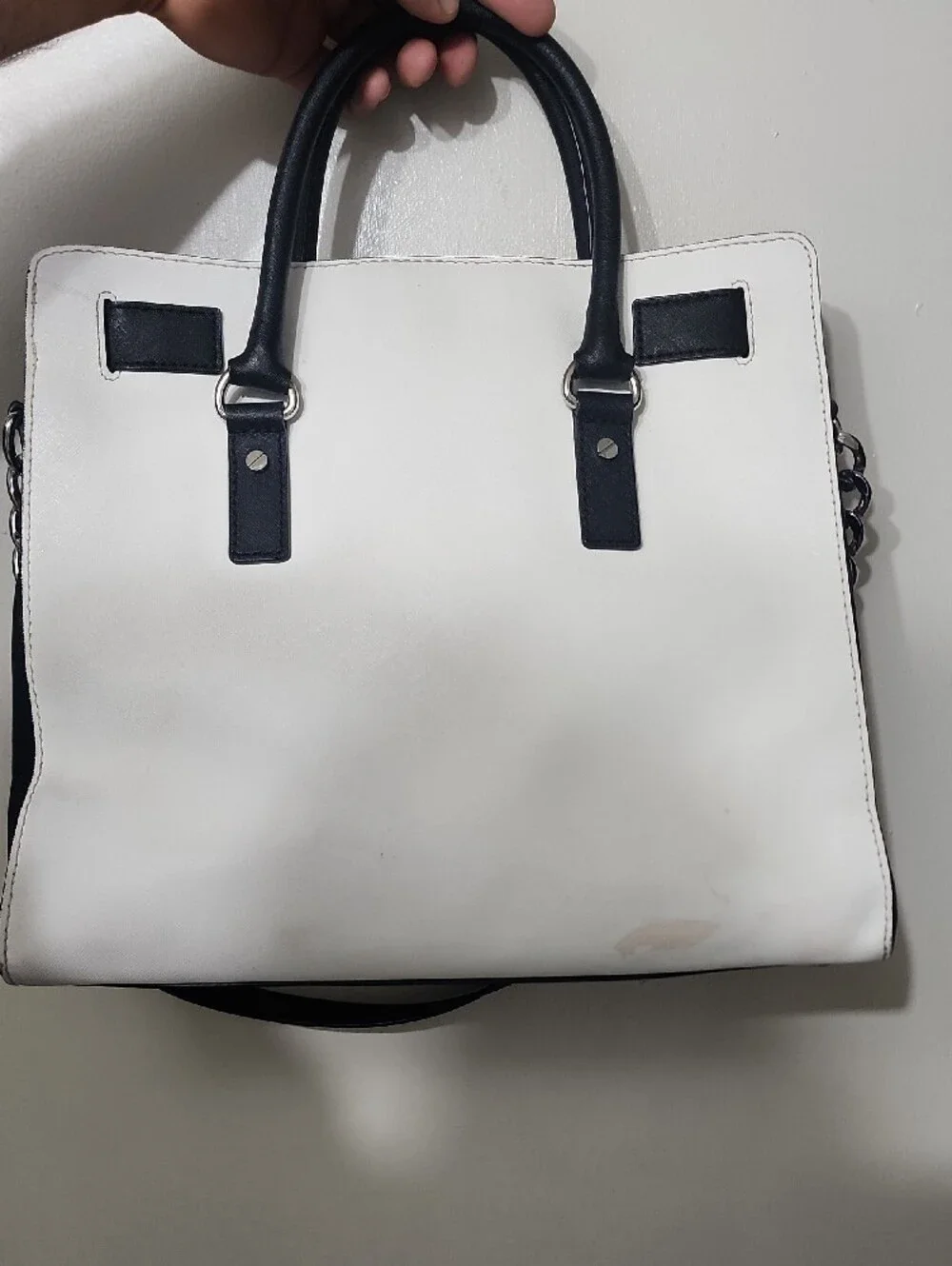 Michael Kors White and Black Safiano Leather Satchel HAMILTON